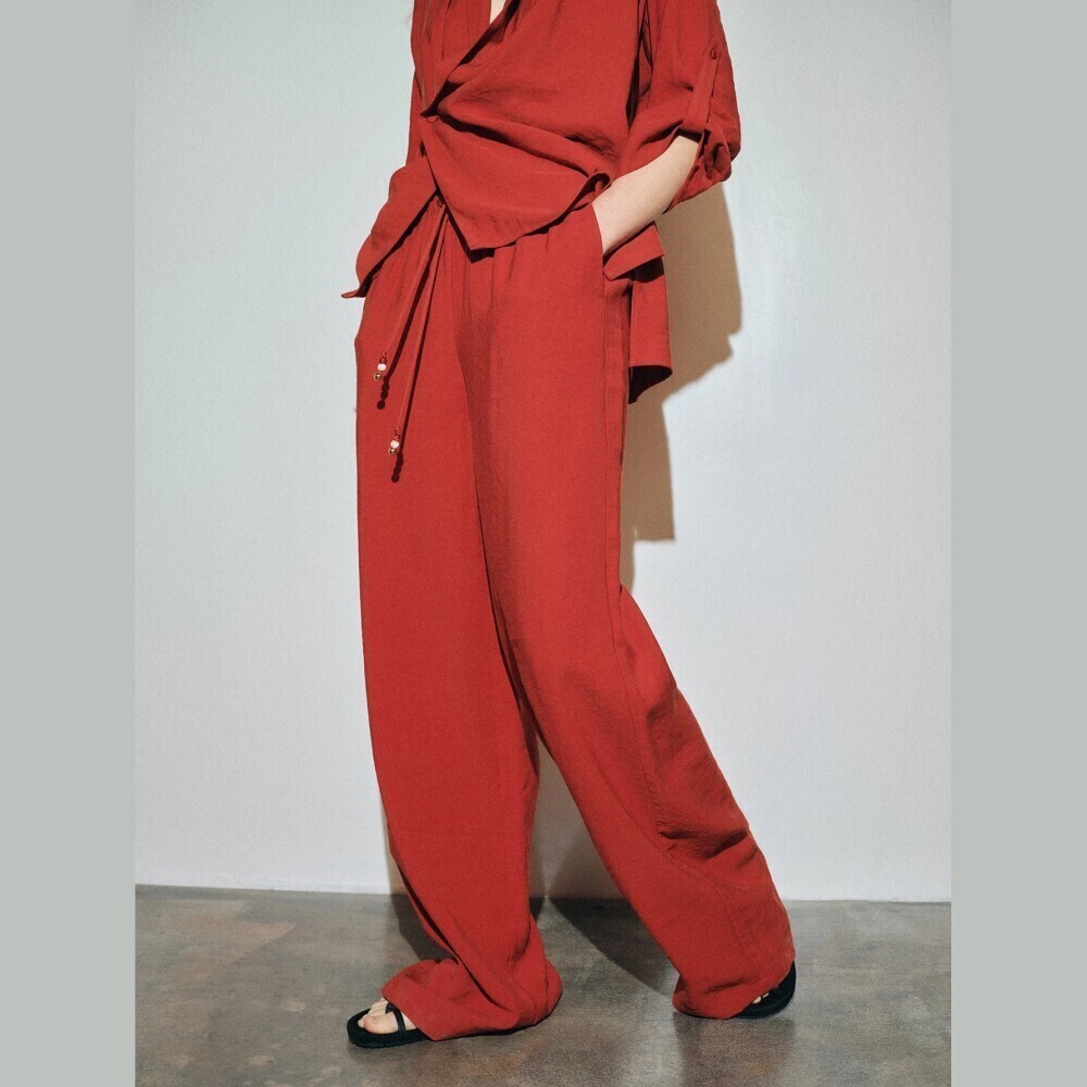 Rust Red-Orange Woven Textured Drawstring Wide Leg Trousers Pants
